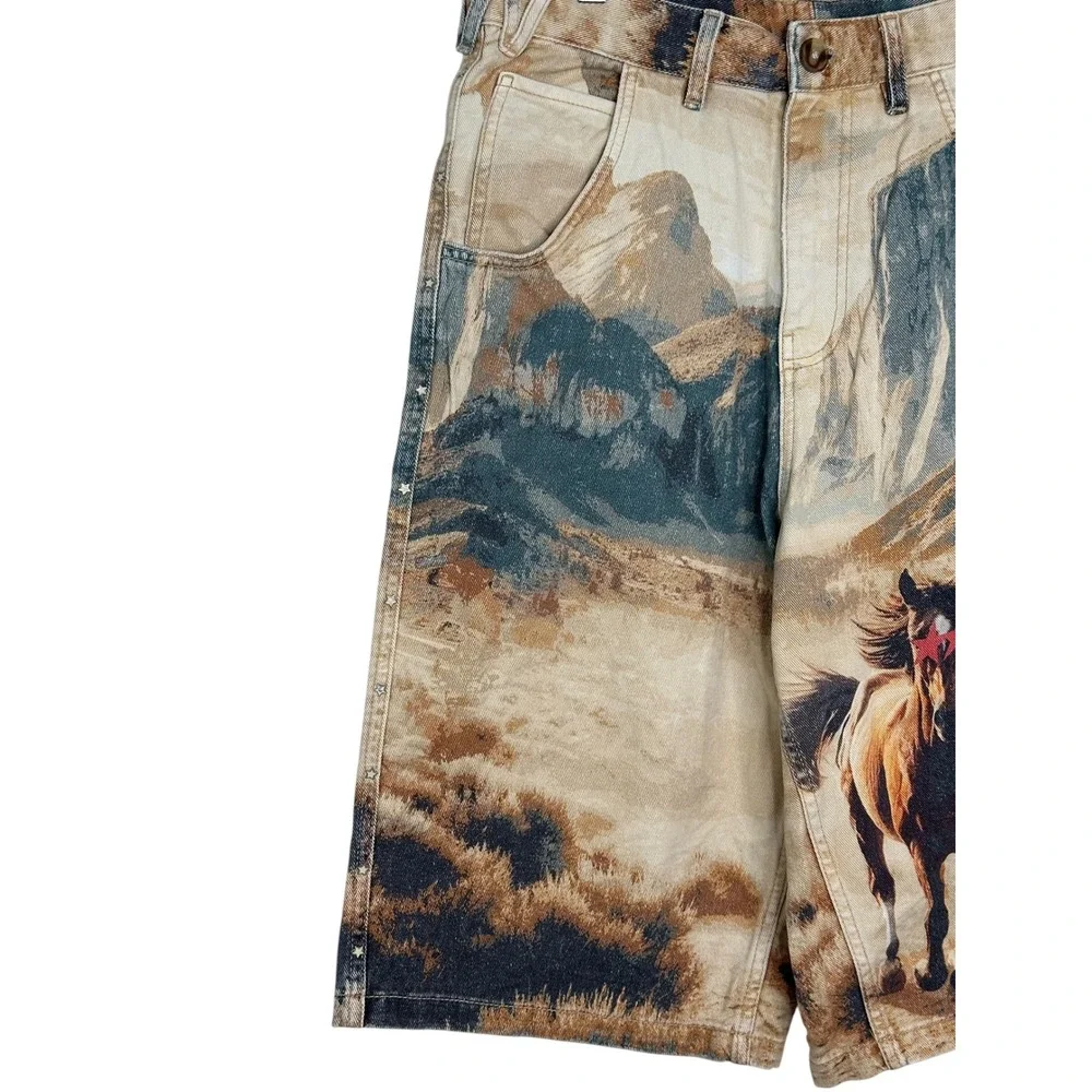 Zara TwoJeys Horse Carpenter Shorts 29 Brown Western Studded Denim Baggy Mens